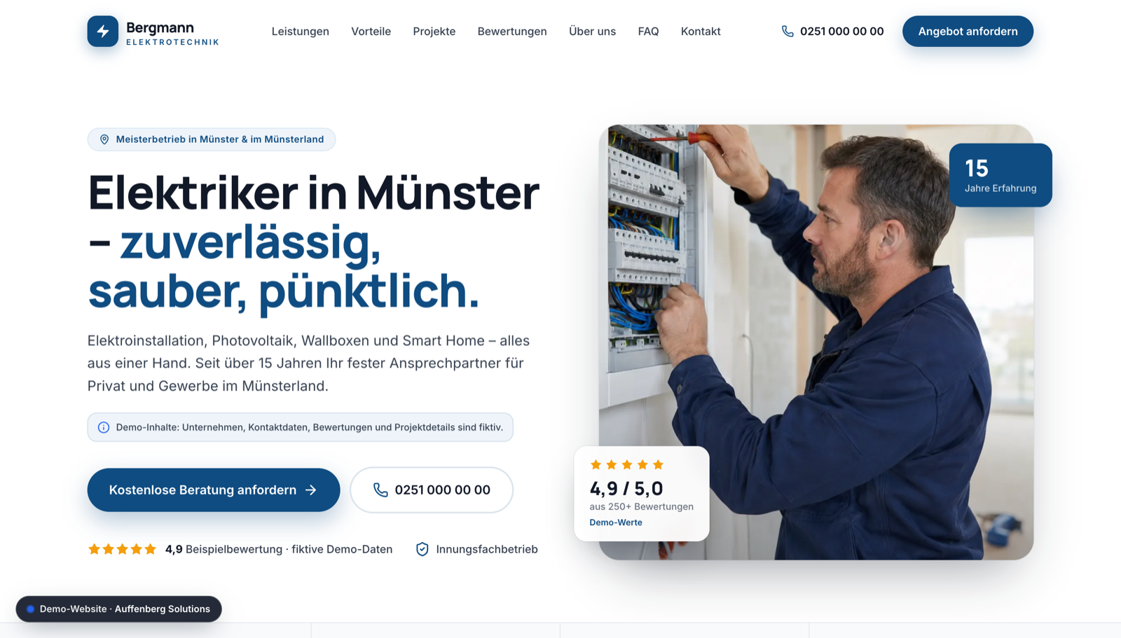 Screenshot der Demo-Website Bergmann Elektrotechnik