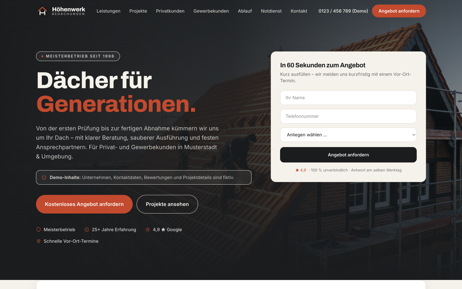 Screenshot der Demo-Website Höhenwerk Bedachungen
